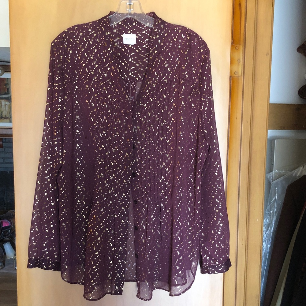 Chico's Sheer Burgundy Long Sleeve Blouse with Gold Speckle Print